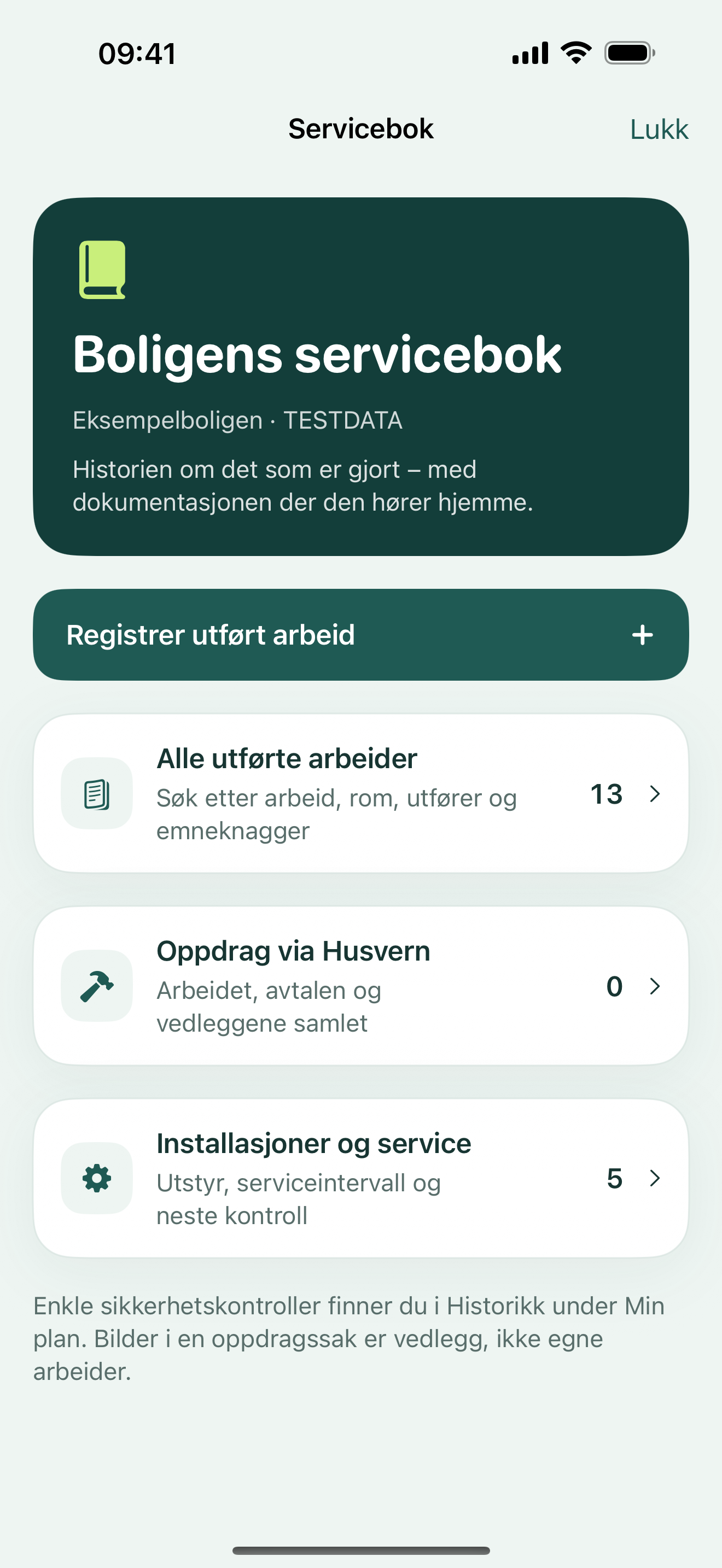 Husverns servicebok samler utført arbeid, oppdrag og installasjoner. Fiktive eksempeldata.
